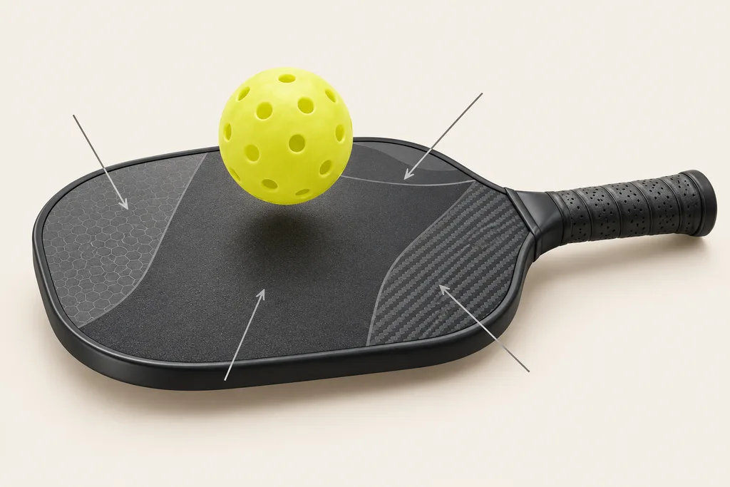 Une balle de pickleball rebondit sur différentes zones de la face d'une raquette posée à plat.
